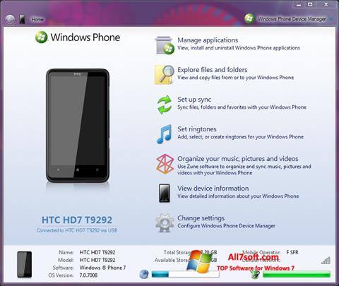 Capture d'écran Windows Phone Device Manager pour Windows 7