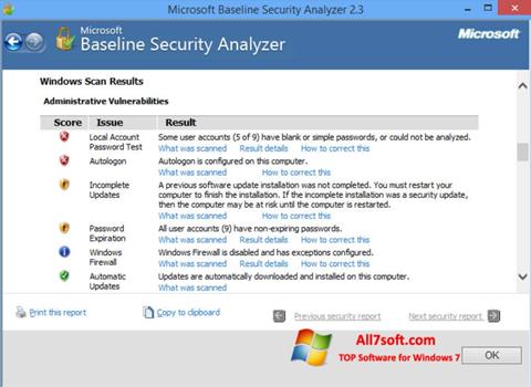 Capture d'écran Microsoft Baseline Security Analyzer pour Windows 7